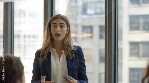 A confident young female professional in a navy blue blazer smiling in a corporate office Free Download A confident young female professional in a navy blue blazer smiling in a corporate office - GFXLoad