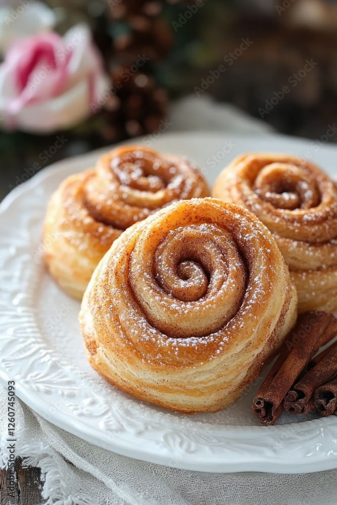 Fototapeta premium Cinnamon Roll Still Life with Golden Pastry Freshly Baked Delicious Swirl Patterns Textured Plate Warm Light