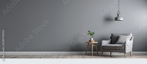 Modern gray living room with minimalist decor, armchair, side table, hanging lamp, and empty wall.