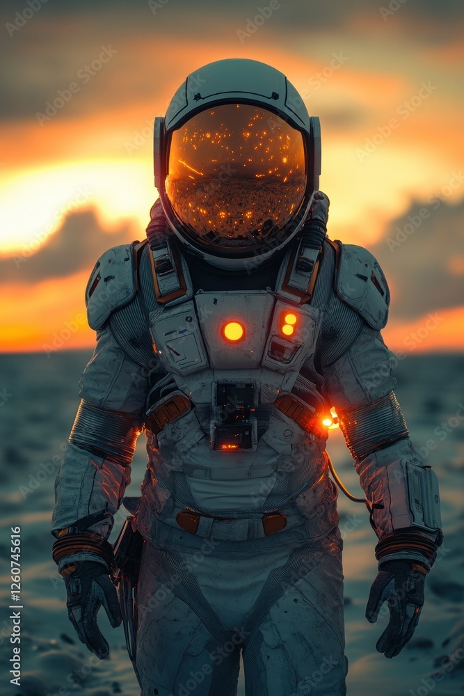 Futuristic Space Explorer in Sleek Space Suit on Alien Planet with Space Ray Gun in Action Pose Futuristic Space Explorer in Sleek Space Suit on Alien Planet with Space Ray Gun in Action Pose