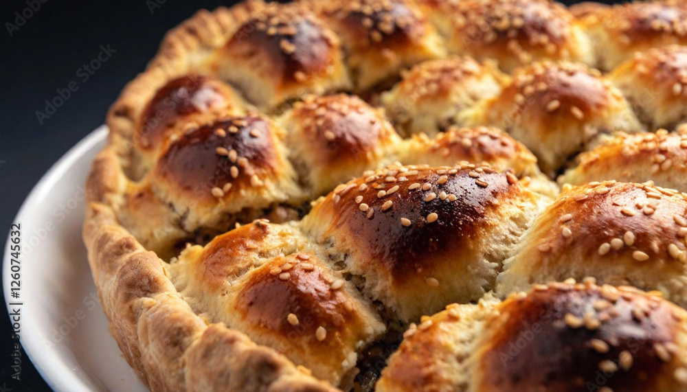 Ground Level Shot. macro shot, Soft Focus of one white baking bowl plate with cut Danubio Salato pie, savory pull-apart bread is topped with baked pie balls. some slices of the pie are missed, so the Ground Level Shot. macro shot, Soft Focus of one white baking bowl plate with cut Danubio Salato pie, savory pull-apart bread is topped with baked pie balls. some slices of the pie are missed, so the