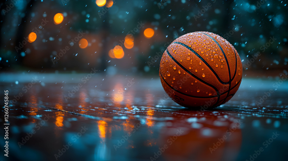 Rain-Kissed Basketball, A Moody and Atmospheric Sporting Still Life Rain-Kissed Basketball, A Moody and Atmospheric Sporting Still Life