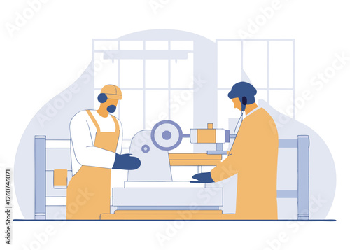 Happy Labor Day. Skilled Machinists at Work in a Factory Lathe Craft Worker     