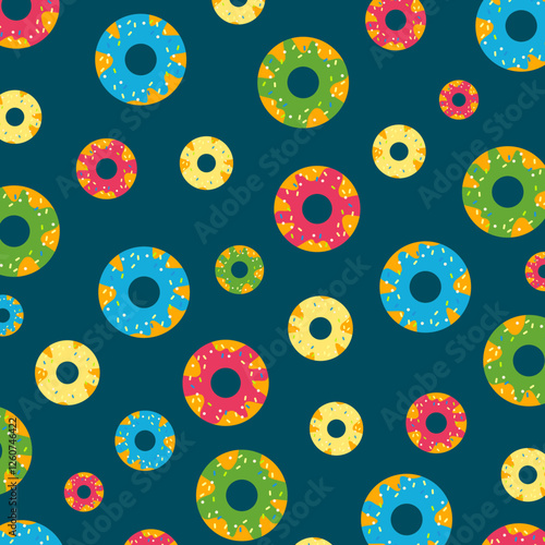 Background pattern with different types of donuts with multi-colored glaze fast food