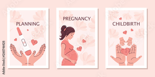 A set of illustrations dedicated to pregnancy and planning, childbirth and motherhood. Vector illustration.