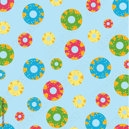 Background pattern with different types of donuts with multi-colored glaze fast food