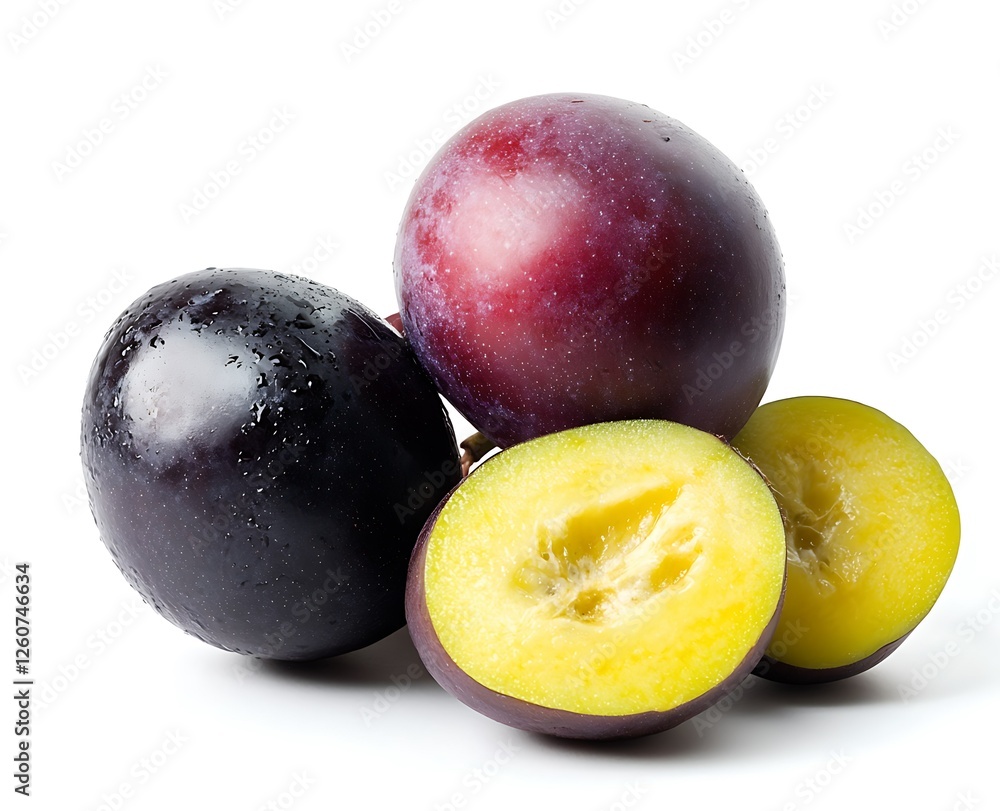 Ripe plums, studio shot, white background, fruit, healthy Ripe plums, studio shot, white background, fruit, healthy