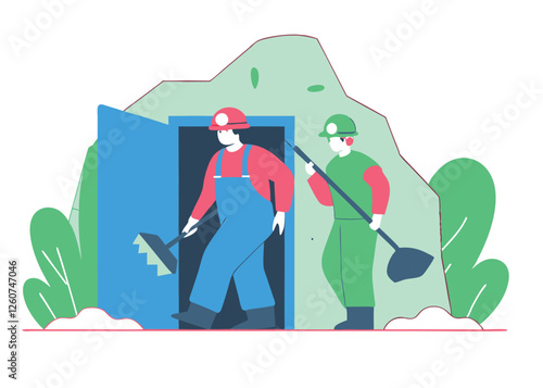 Hard Day's Work. Miners Emerge, Labour Day Vector men shaft mining design effort