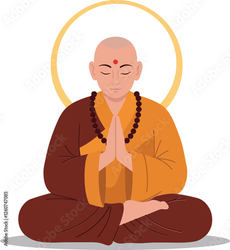 Meditating monk in vibrant robes with serene expression in flat vector art style showcasing calmness and spirituality vector illustration