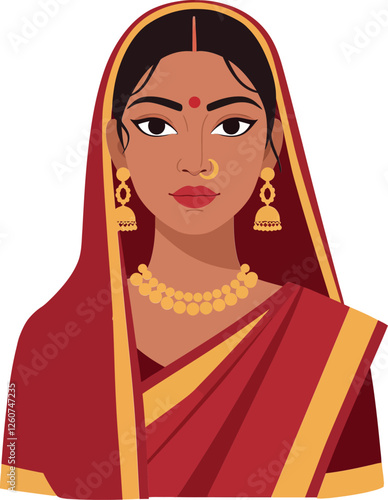 Traditional Indian woman in vibrant attire with intricate jewelry and elaborate hairstyle in flat vector art