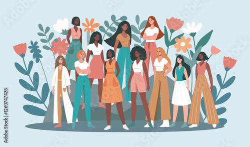 March 8. Women's Day. Equality Day. Women of different cultures and skin colors stand together against a background of flowers, fighting for gender equality and empowerment. Vector illustration