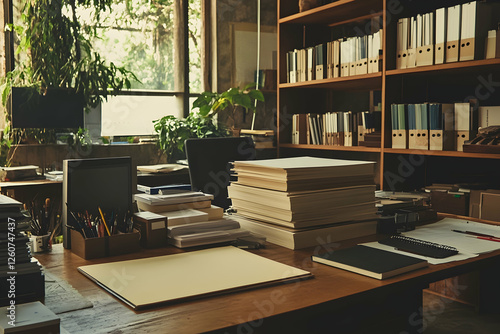 Artist s cluttered desk with art supplies in natural lighting