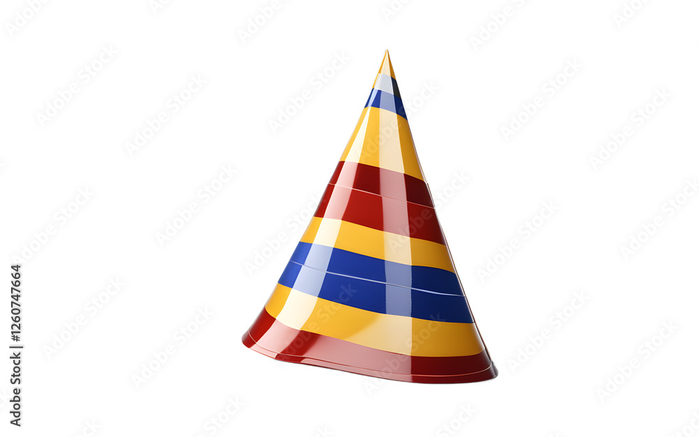A classic striped party hat with an elastic band, isolated on a empty plain background A classic striped party hat with an elastic band, isolated on a empty plain background