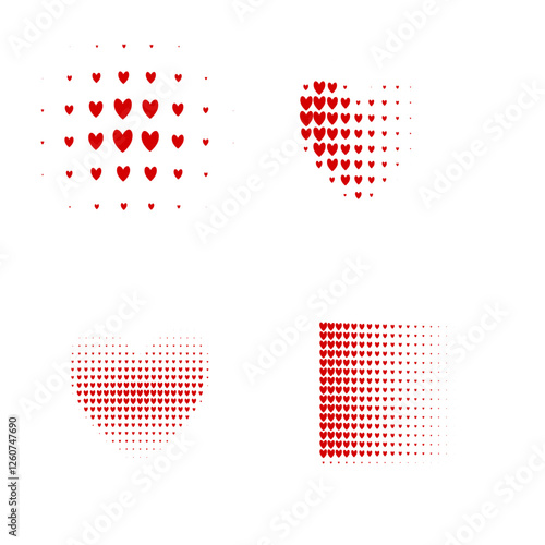 set of pixel hearts halftone pattern shapes including heart,square,circle