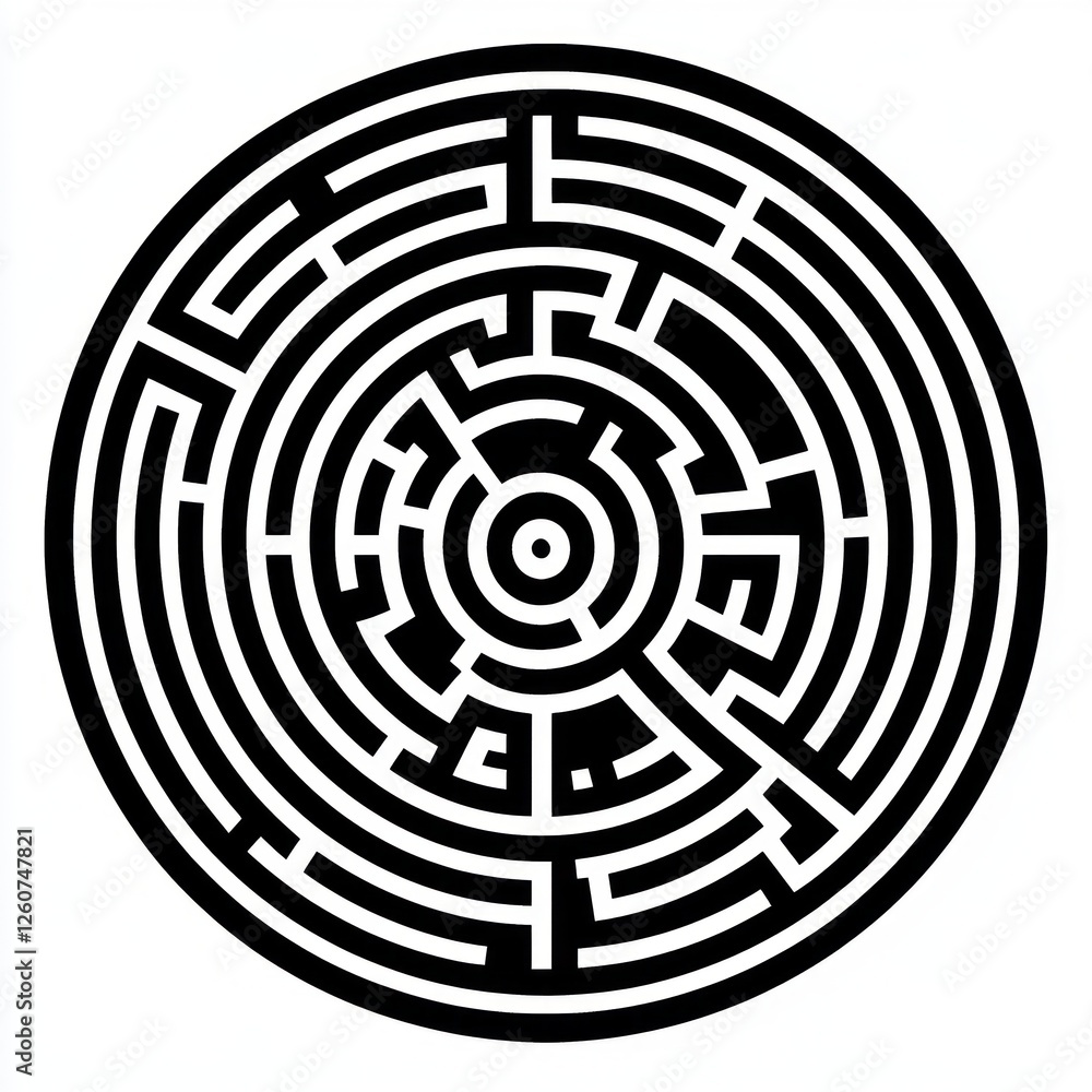 Circular Maze Design in Black and White with Geometric Patterns and High Contrast