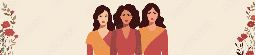March 8. Women's Day. Women of different skin colors and cultures stand together against a backdrop of spring flowers, gender equality, women's empowerment and women's rights. For women's projects March 8. Women's Day. Women of different skin colors and cultures stand together against a backdrop of spring flowers, gender equality, women's empowerment and women's rights. For women's projects