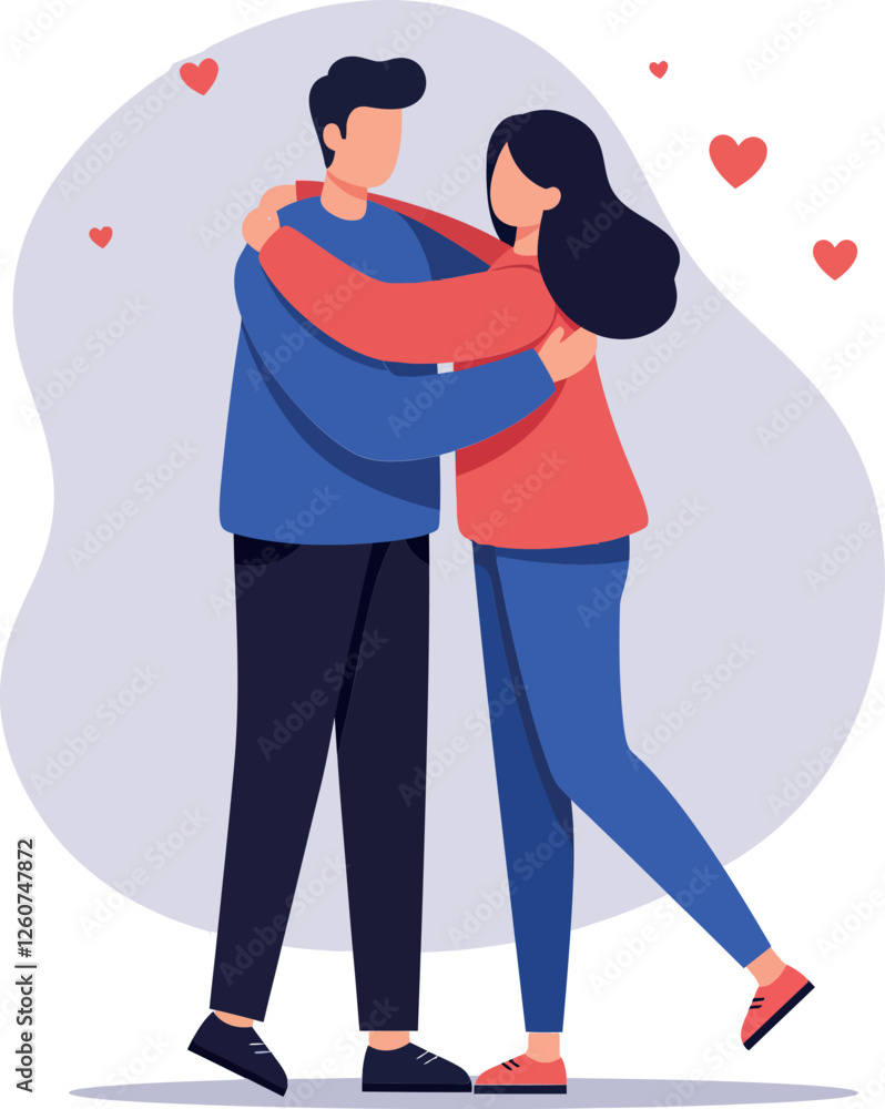 Embracing couple in a loving pose with red hearts and soft colors in flat vector art Embracing couple in a loving pose with red hearts and soft colors in flat vector art