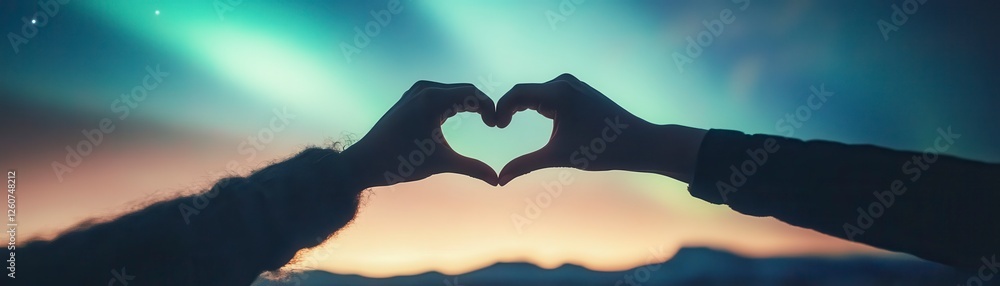 Fototapeta premium Two hands form a heart shape against a colorful aurora sky, symbolizing love, romance, and connection. A perfect image for Valentine's themes.