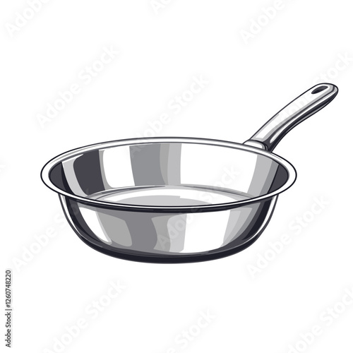 Realistic empty metal stainless steel frying pan with a handle isolated on a white background vector illustration kitchen utensil fry pans design. Modern kitchenware