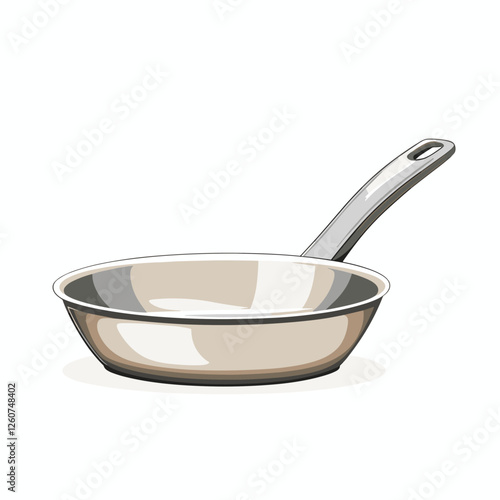 Realistic empty metal stainless steel frying pan with a handle isolated on a white background vector illustration kitchen utensil fry pans design. Modern kitchenware