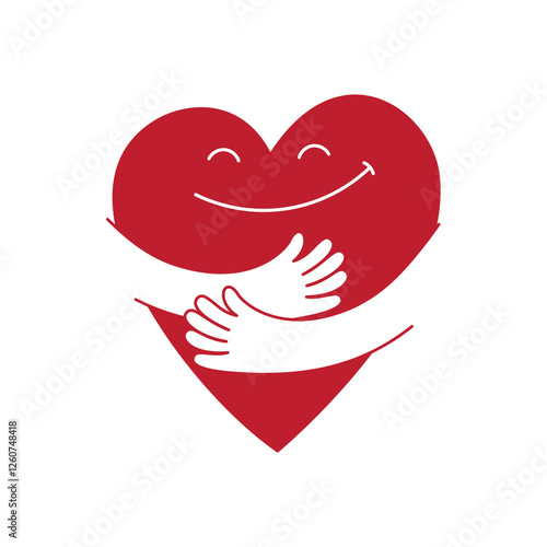 Vector logo design template and graphic element for advertising, branding, heart shape and love, funny cartoon illustrations with smiling character, valentine day mascot, self care concept