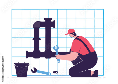 Happy Labor Day. Plumber Fixing Leaky Pipe, Tools, Vector Illustration work water