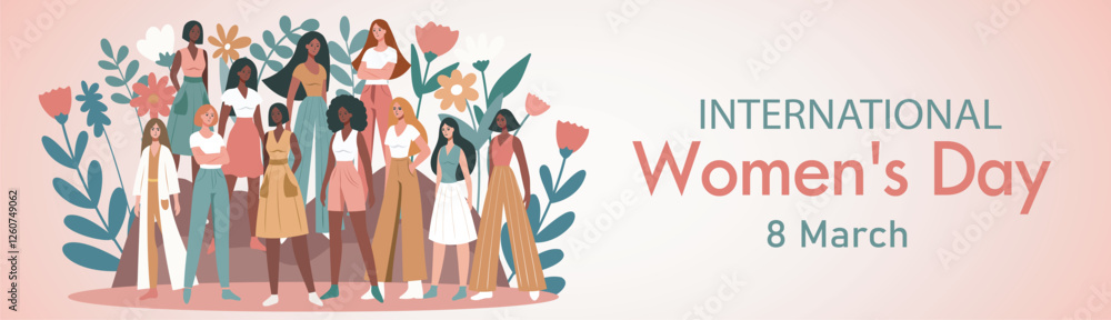 Women's Day. March 8. Equality Day. Women of different cultures and skin colors stand together against a background of flowers, fighting for equality, empowerment and opportunities. Vector horizontal Women's Day. March 8. Equality Day. Women of different cultures and skin colors stand together against a background of flowers, fighting for equality, empowerment and opportunities. Vector horizontal