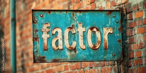 Weathered Blue Metal Sign with Rusty Lettering Reading 'Factor' in Urban Industrial Environment Against Brick Wall Backdrop