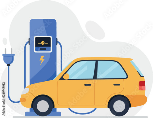 Electric vehicle charging station with a yellow car in a flat design vector illustration