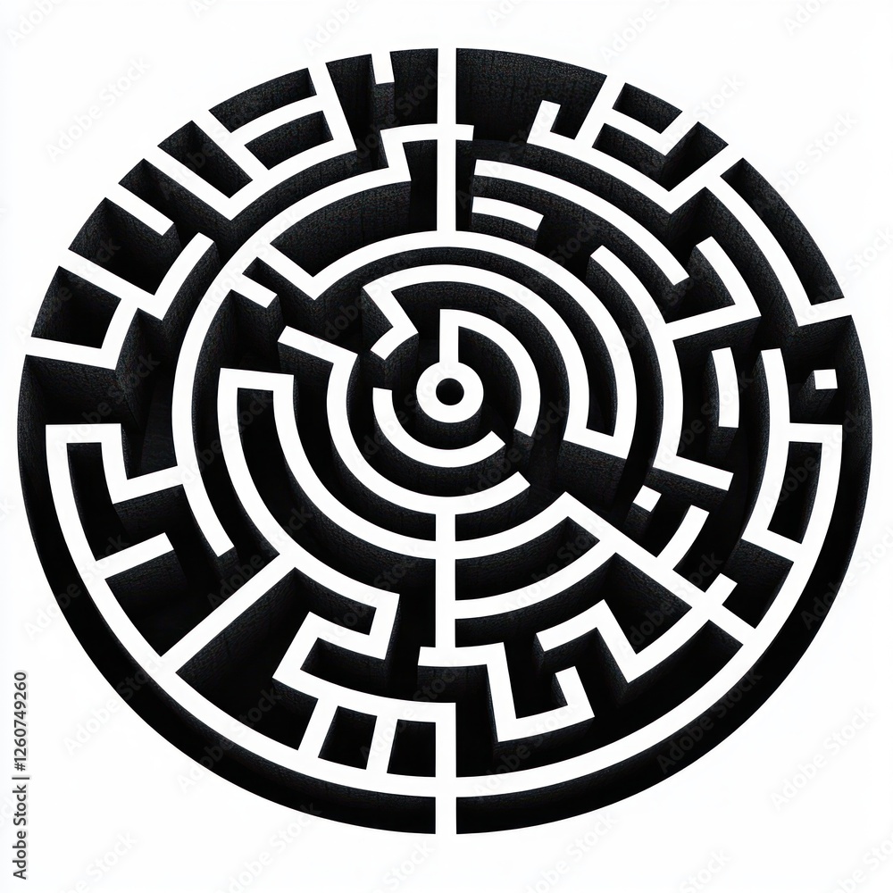 Circular Maze Design in Black and White, Minimalistic Style with Geometric Shapes Circular Maze Design in Black and White, Minimalistic Style with Geometric Shapes