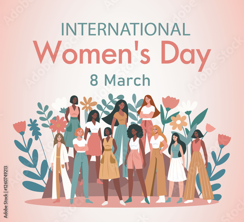  Women's Day. March 8. Equality Day. Women of different cultures and skin colors stand together against a background of flowers, fighting for gender equality, empowerment and opportunities. Vector 