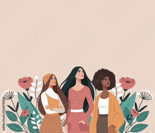 Women's Day. March 8. Vector banner. Different women together against the background of spring flowers, fighting for gender equality and women's empowerment. Suitable for women's projects.