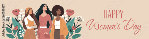 Women's Day. March 8. Vector horizontal banner. Different women together against the background of spring flowers, fighting for gender equality and women's empowerment. Suitable for women's projects