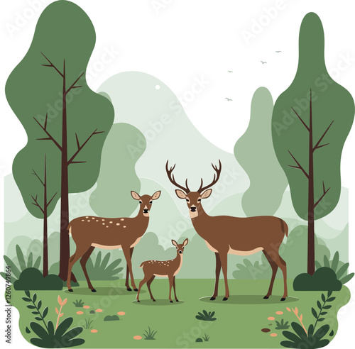 Family of deer standing in a serene forest with trees and greenery in flat vector illustration