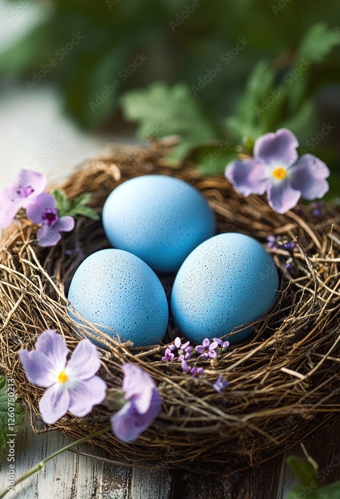 Springtime Greetings with Blue Easter Eggs in a Natural Nest Springtime Greetings with Blue Easter Eggs in a Natural Nest