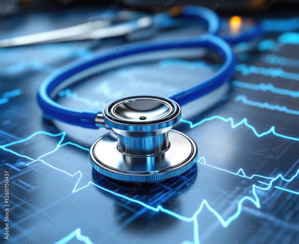 Blue Stethoscope on ECG Monitoring for Cardiology Diagnosis and Examination Blue Stethoscope on ECG Monitoring for Cardiology Diagnosis and Examination