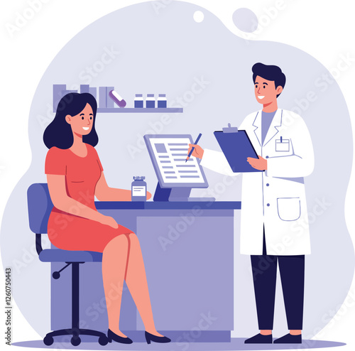 Doctor consulting with patient in modern office setting flat vector illustration for healthcare design