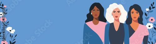 Women's Day. March 8. Women of different skin colors and cultures stand together against a backdrop of sky and flowers, gender equality, women's empowerment and women's rights. For women's projects