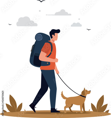 Man walking with a dog in a natural setting, flat design style, vibrant colors, vector illustration