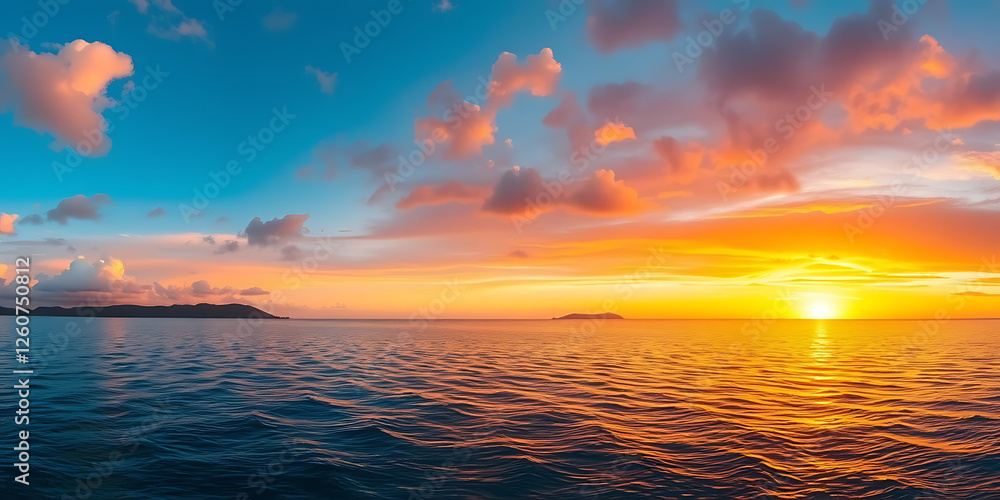 Fototapeta premium Stunning Tropical Sunset Panorama Over Calm Ocean ,Serene Nature Scene