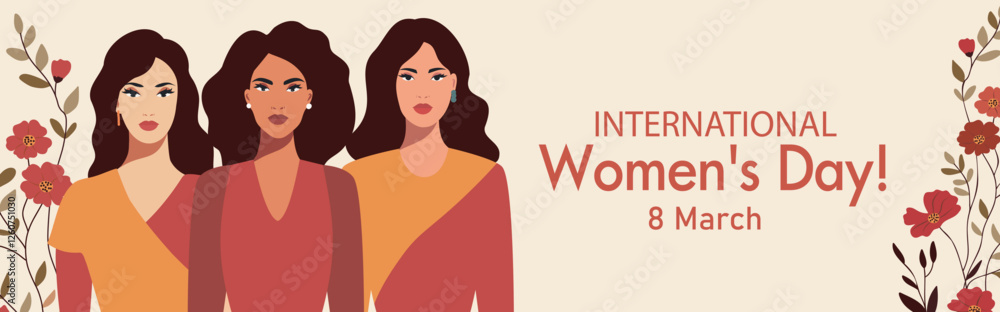 Women's Day. March 8. Women of different skin colors and cultures stand together against a backdrop of spring flowers, gender equality, women's empowerment and women's rights. For women's projects Women's Day. March 8. Women of different skin colors and cultures stand together against a backdrop of spring flowers, gender equality, women's empowerment and women's rights. For women's projects