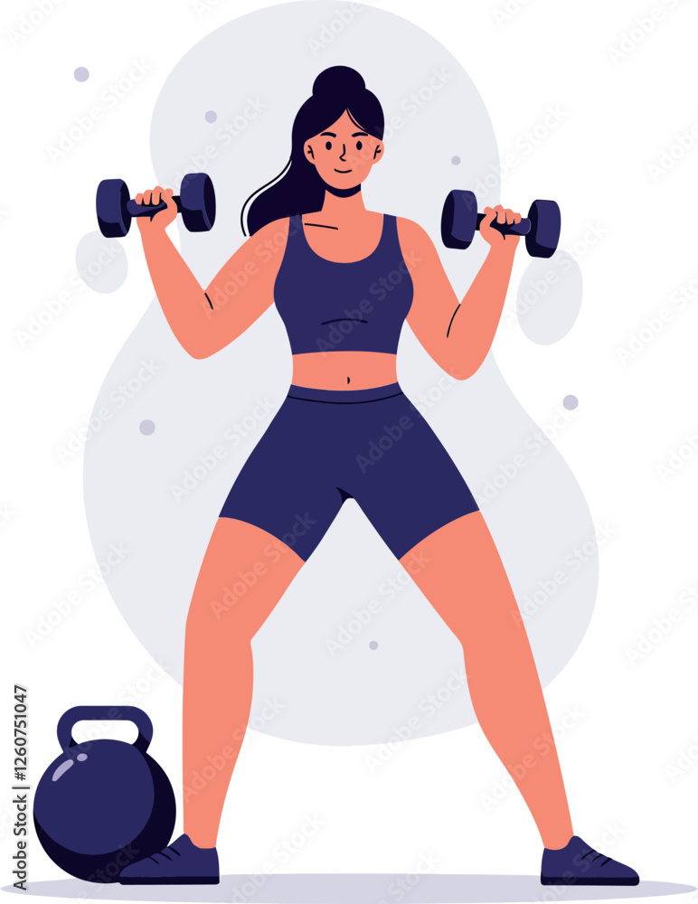 Obraz premium Strong woman lifting dumbbells in athletic wear, flat design, energetic fitness scene, vector illustration