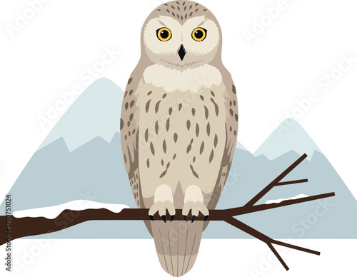 Owl perched on branch with stylized mountains in the background, flat design vector illustration photo