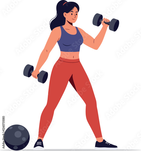 Woman lifting weights in a flat and colorful design showcasing fitness and strength in vector illustration
