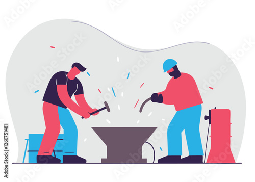 Fiery Steelworker Labor Day Forge. Molten Metal Sparks Man Hot Fire Heat Craft  