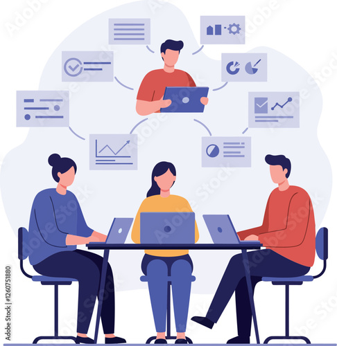 Team collaboration in a modern office setting with flat design elements and digital analytics - vector illustration