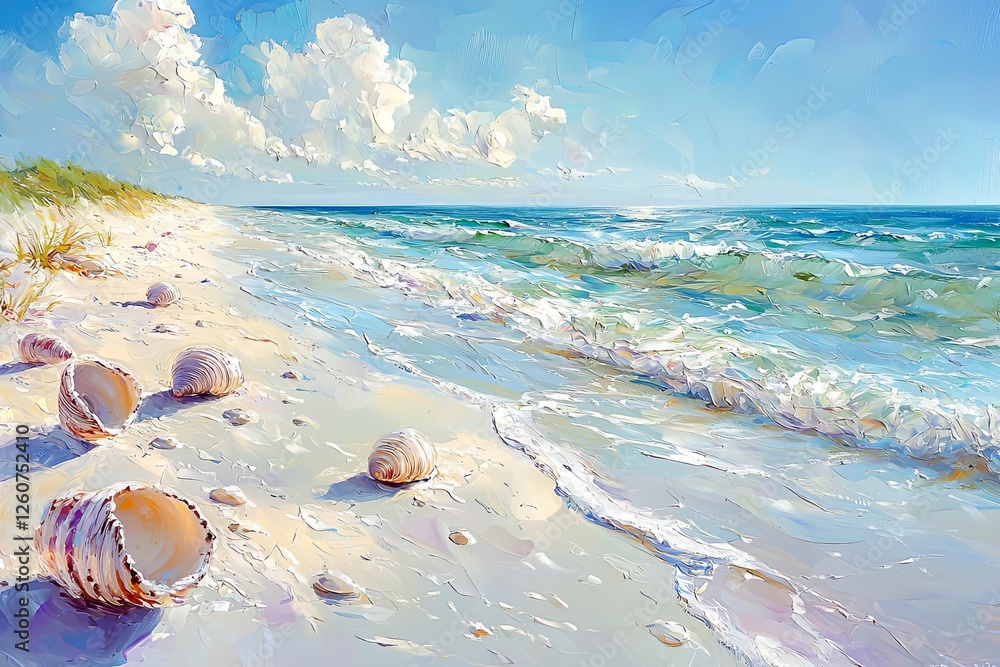 A peaceful beach with soft white sand, crystal-clear water, and colorful seashells scattered along the shore.
