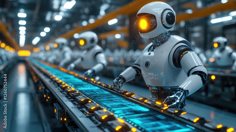 Futuristic Robots in High-Tech Factory Assembling Circuit Boards on Automated Production Line Futuristic Robots in High-Tech Factory Assembling Circuit Boards on Automated Production Line