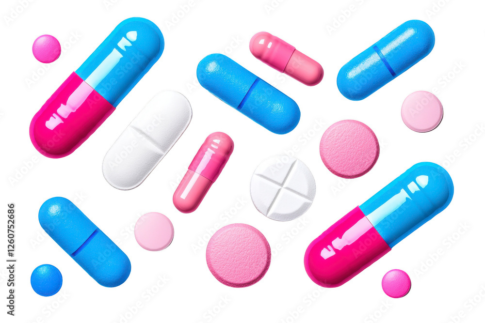 Colorful capsules and tablets scattered on transparency background, showcasing various shapes and sizes. vibrant colors create lively and dynamic composition, ideal for health related themes Colorful capsules and tablets scattered on transparency background, showcasing various shapes and sizes. vibrant colors create lively and dynamic composition, ideal for health related themes