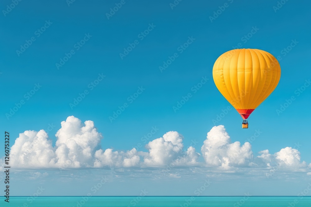 Yellow Hot Air Balloon Floating Over Turquoise Sea and White Clouds Under Bright Blue Sky Yellow Hot Air Balloon Floating Over Turquoise Sea and White Clouds Under Bright Blue Sky